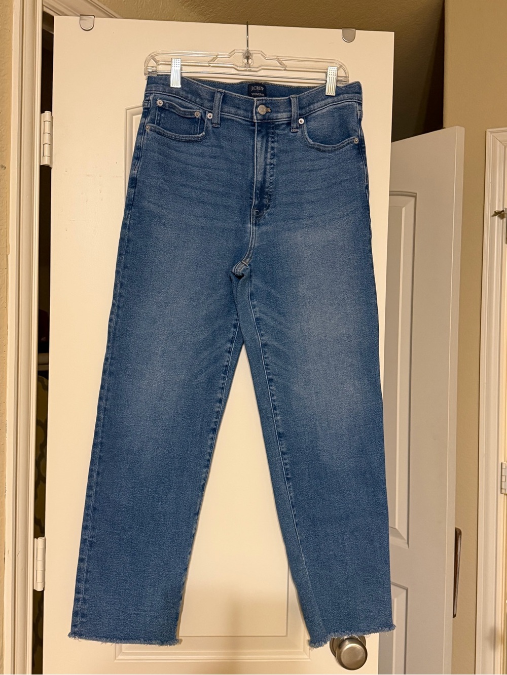 J. Crew Slim Straight Mid-Blue Jeans slightly & elegantly frayed at bottom.